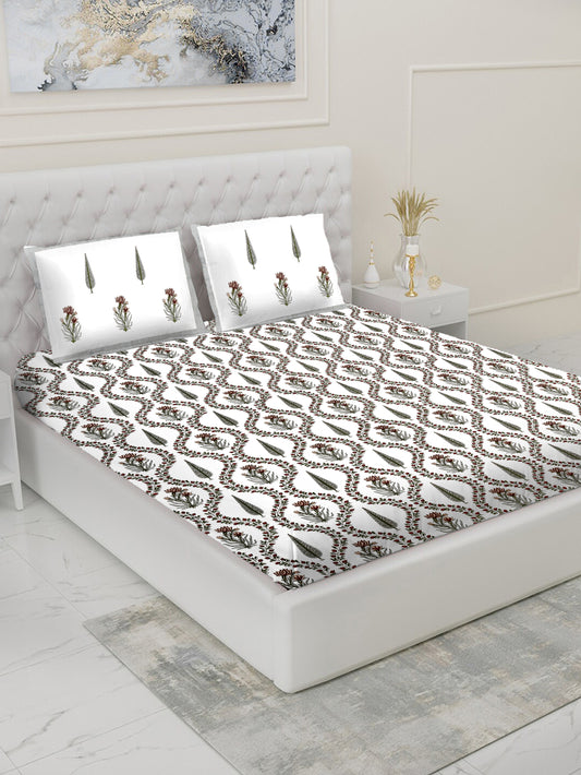 Jaal Bedsheet with Grey trees & Maroon flowers