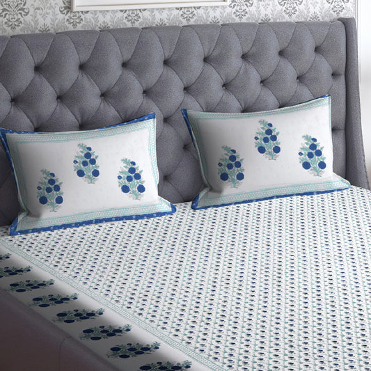 Blue & Sage Green Floral Bedsheet