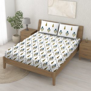 Blue Flowers & Mustard Yellow Tree Bedsheet