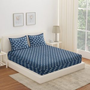 Indigo Blue Bedsheet with White Lotus